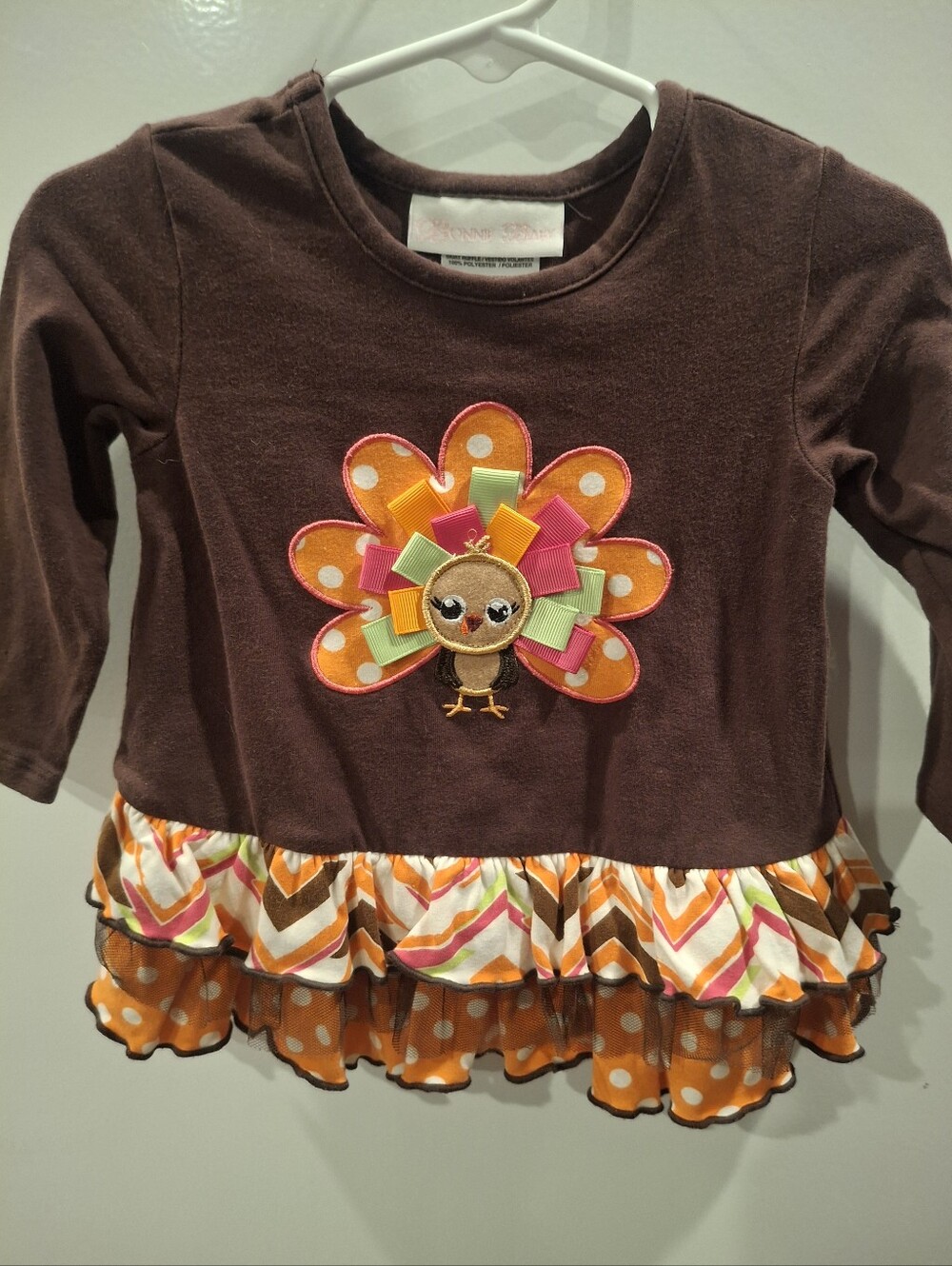 Bonnie Baby Brown Long-Sleeve Turkey Appliqué Ruffle Top
